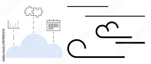 Cloud computing, workflow management, digital integration, data storage, scheduling, and collaboration. A cloud with icons for charts, puzzles and calendar. Cloud computing and workflow management