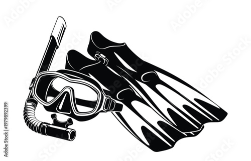 Scuba diving gear vector set with mask snorkel and fins for underwater swimming.