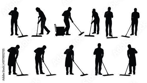 A collection of black silhouettes depicting people cleaning using various tools like brooms and mops on floors high quality professional detailed