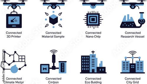 Eight modern icons representing drone technology integrated with various industrial and smart city automation systems