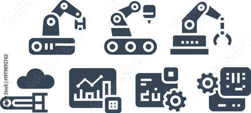 Robotic arm icons and manufacturing symbols for automated production systems and industrial technology management software interfaces