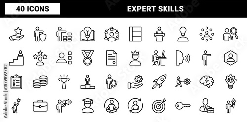 Business expert and leadership minimalist outline icon set