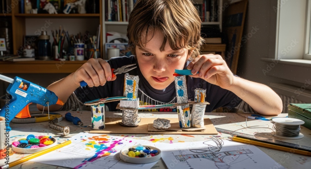Fototapeta premium A young boy in a black shirt is sitting at a table with various art supplies, including a glue gun, scissors, and construction paper. 
