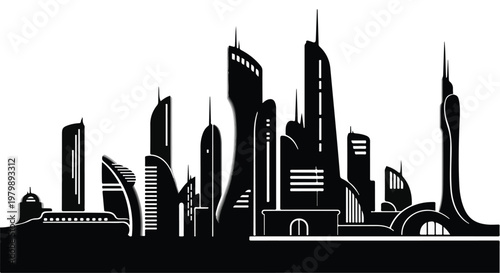 Cityscape skyline displays modern architectural structures in a sleek black silhouette.