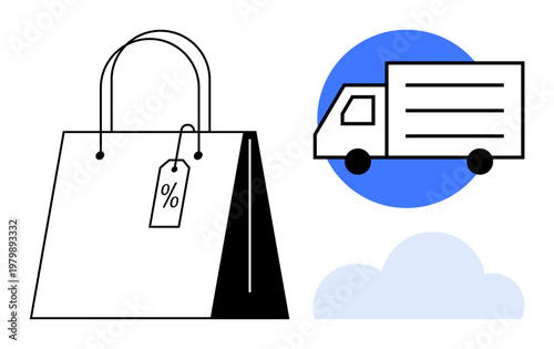 Online shopping, e-commerce, logistics, retail business, delivery services, discount shopping. A bag with a percentage tag and a truck in a minimalist style. E-commerce and logistics concept