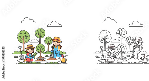 Two Young Girls Planting Trees in the Garden Coloring Page and Color Illustration Set for Kids Environmental Activity Vector Design