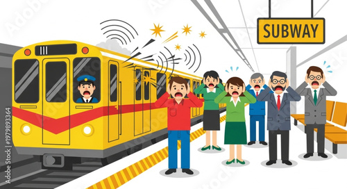 Subway train arriving with loud noise and passengers covering ears.