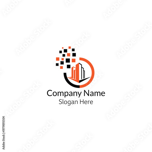 Modern business logo template with cityscape and geometric design elements for company branding