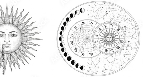 Sun face and astrological chart with moon phases.