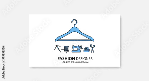 Creative fashion designer logo with hanger and sewing icons.