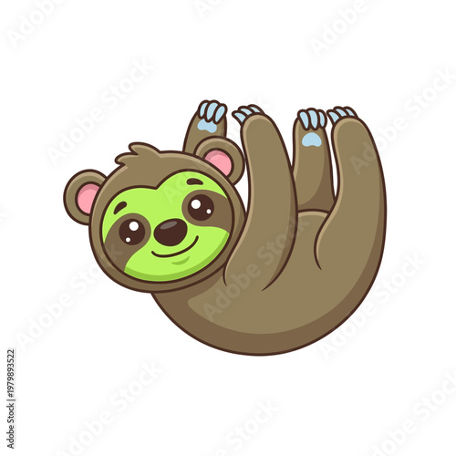 Cheerful cartoon sloth illustration, a cute jungle animal character smiling and playfully hanging upside down.