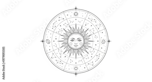Sun Face Astrology Zodiac Wheel Celestial Illustration.