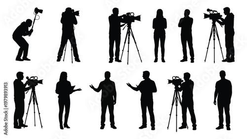 A collection of silhouettes depicts various professionals operating film cameras and equipment on tripods high quality professional detailed modern elegant stylish