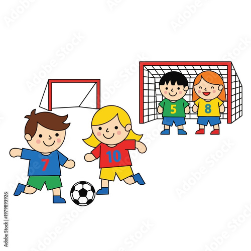 Children Playing Soccer Game, Kids Football Match, Active Children with Ball and Goal