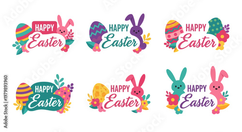 Colorful Easter Bunny and Egg Illustrations.