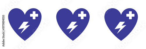 AED icon set, automated external defibrillator symbols with heart and electricity signs, emergency medical device icon collection, clean modern vector illustration for healthcare and safety use.