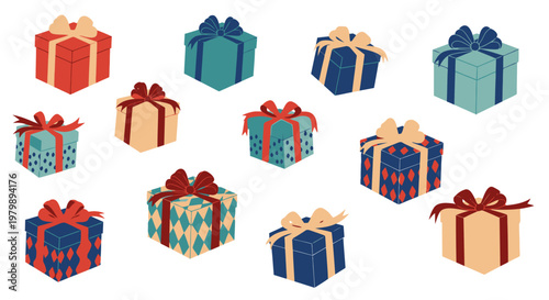 Colorful wrapped presents with ribbons.