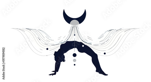 Yoga practitioner performs a backbend beneath a celestial moon and star motif.
