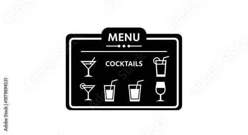 A black and white illustration of a cocktail menu board with various drink icons