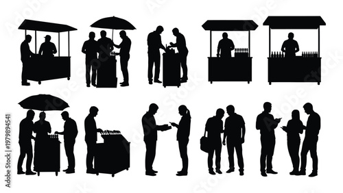 A collection of black silhouette images depicting people interacting at outdoor vendor stalls and engaging in conversation high quality professional detailed