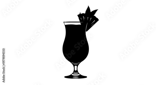 A black silhouette of a cocktail glass with a leaf garnish on a white background