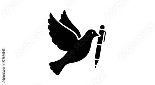 A black silhouette of a dove holding a pen in its beak against a white background