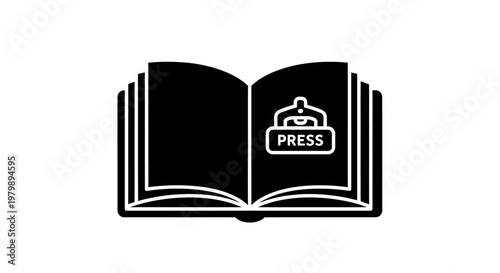 A black and white illustration of an open book with a press badge on the page