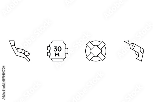 Underwater diving and safety equipment icon vector set with a diver watch lifebuoy and a spear gun on white background.