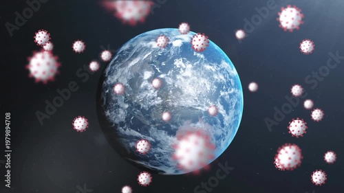 Animation of covid 19 cells flying over globe on dark blue background