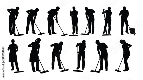 A collection of black silhouettes depicting people engaged in various cleaning activities including sweeping and mopping high quality professional detailed modern