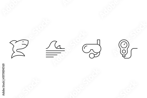 Marine life and diving equipment line icon vector illustration featuring a shark wave diving mask and pressure depth gauge tool.