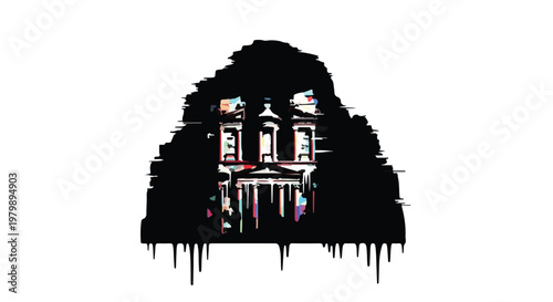 Ancient stone temple facade emerges from a dark and glitchy digital shadow.