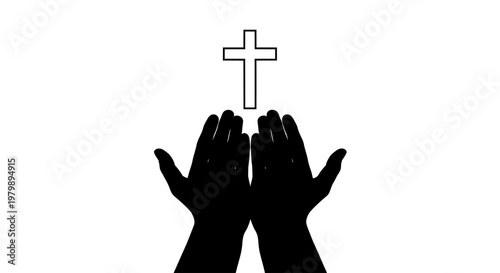 A pair of hands cupped together in prayer with a cross above them
