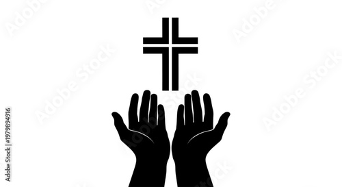 A pair of hands reaching up towards a cross symbol