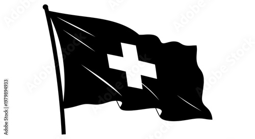 A black flag with a white cross waving on a pole