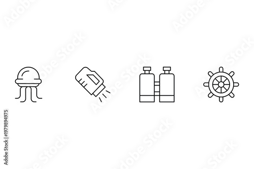 Underwater life and diving equipment linear vector icons collection including jellyfish torch oxygen tanks and ship steering wheel.