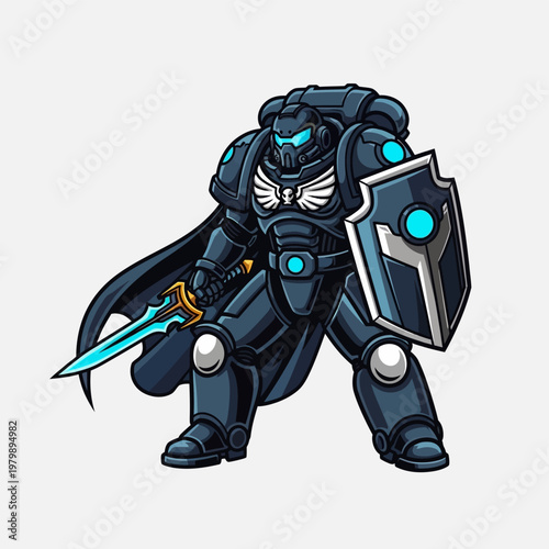 Dark armored space warrior with glowing sword and shield.