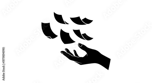 A hand releasing fragments into the air in a simple black silhouette