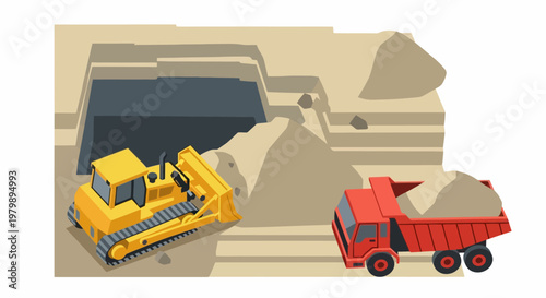 Yellow excavator and red dump truck.