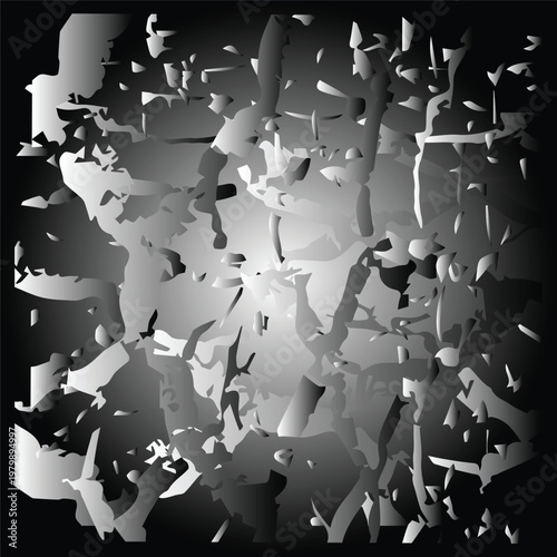 Monochrome art featuring fragmented gray blocks and contrasting tones