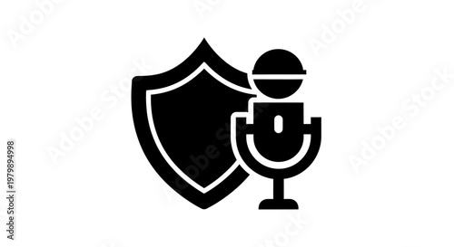 A black and white icon of a microphone with a shield, symbolizing protection and security in communication