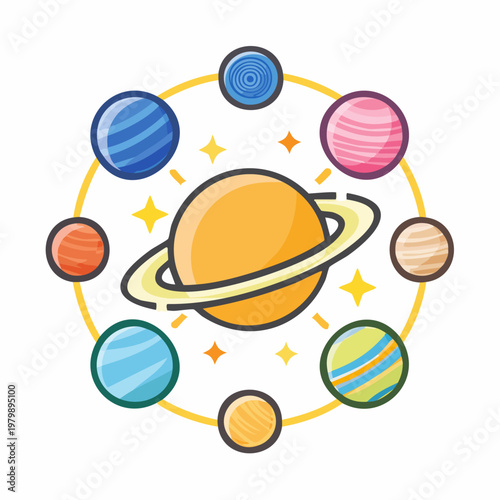 Stylized Solar System Planets Orbiting Sun Illustration.