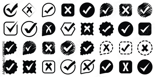 Check mark icon button set. Check box icon with right and wrong buttons and yes or no checkmark icons in green tick box and red cross. Green checkmark and red x sign. Symbols of approval and Decline.