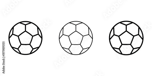 Soccer balls icons for football game play and athletic competition with pentagon hexagon patterns in outline style