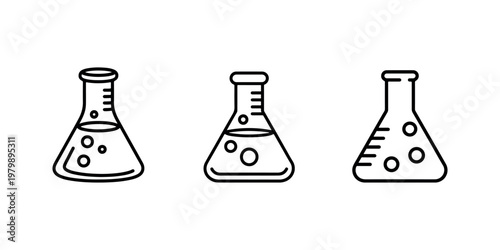 Chemistry flask icon set laboratory glassware liquid experiment science research education beaker test tube fluid bubbles