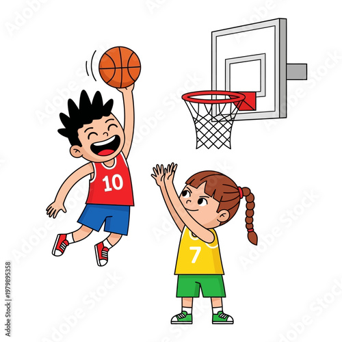 Happy kids playing basketball, boy jumping to dunk, girl defending, cartoon style