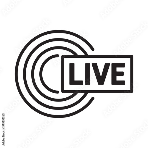 A black and white line art illustration of a live broadcast symbol