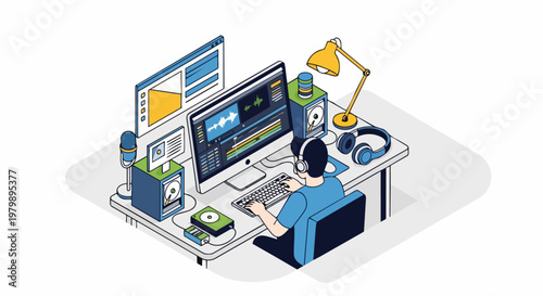 Isometric Illustration of a Professional Video Editor or Podcaster Working at a Creative Desktop Studio Workspace with Audio Editing Software and Gear