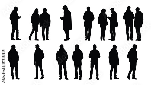 A collection of silhouetted figures men and women standing and interacting depicted in a minimalist black style high quality professional detailed