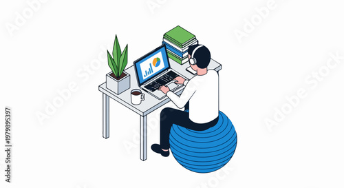 Isometric Man Working on Laptop at Desk While Sitting on Fitness Ball, Ergonomic Home Office Concept